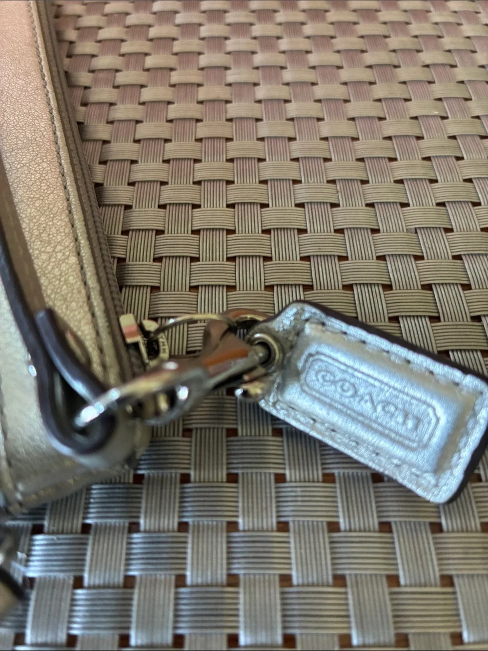 Coach Shimmer Signature Wristlet in   Silver Tone Metallic